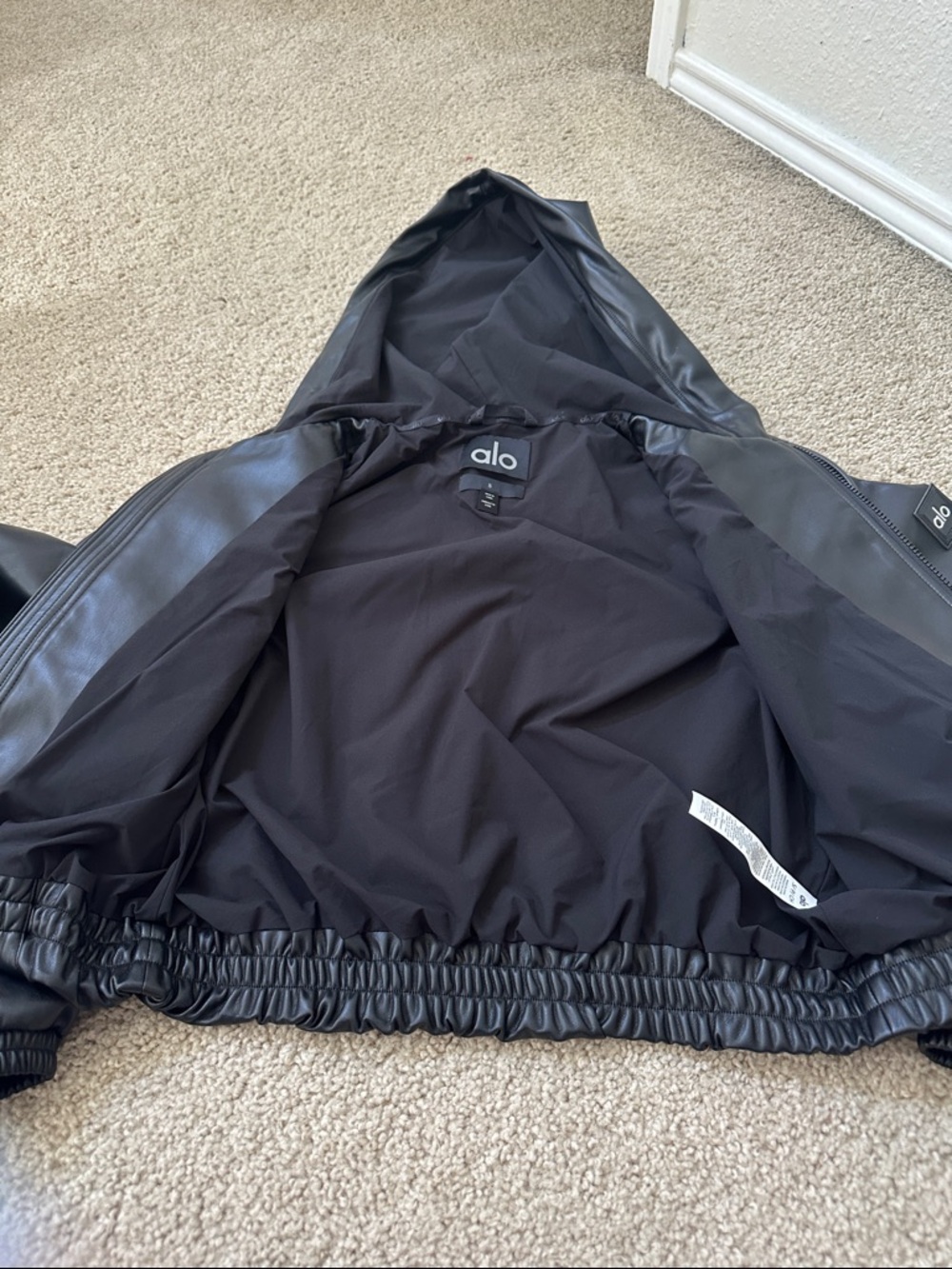 ALO Yoga Black Cropped Faux Leather Hooded Bomber Jacket - Picture 4 of 5